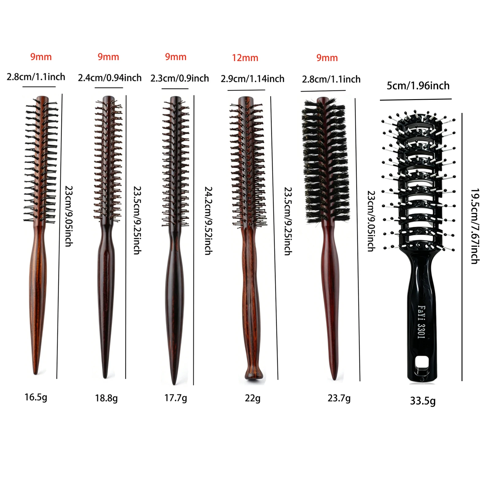 3Pcs Professional Round Hair Brush Set, Wood Handle Boar Bristle & Nylon Pins for Blow Drying, Detangling, Curling, Volume Boost