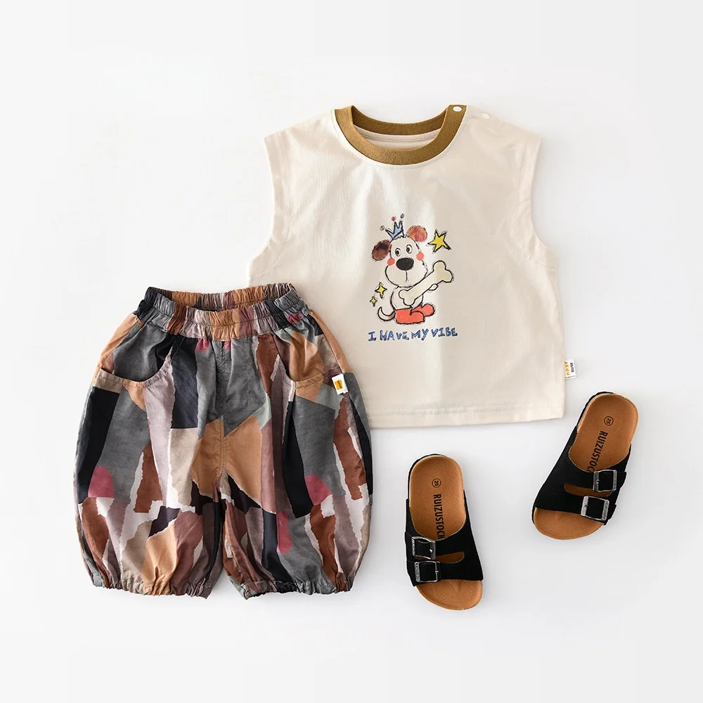 

6M-5Y Summer Cotton Kids Set Cute Puppy Print Tank Top+Elastic Waist Pants 2Pcs Clothes for Boys Breathable Casual Outfit