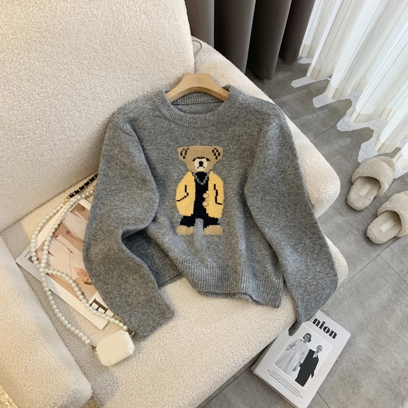 New 2024 Autumn Winter Cashmere Sweater Women Korean Style Casual Cartoon Bear Long Sleeve Pullovers Knitted Sweaters For Women