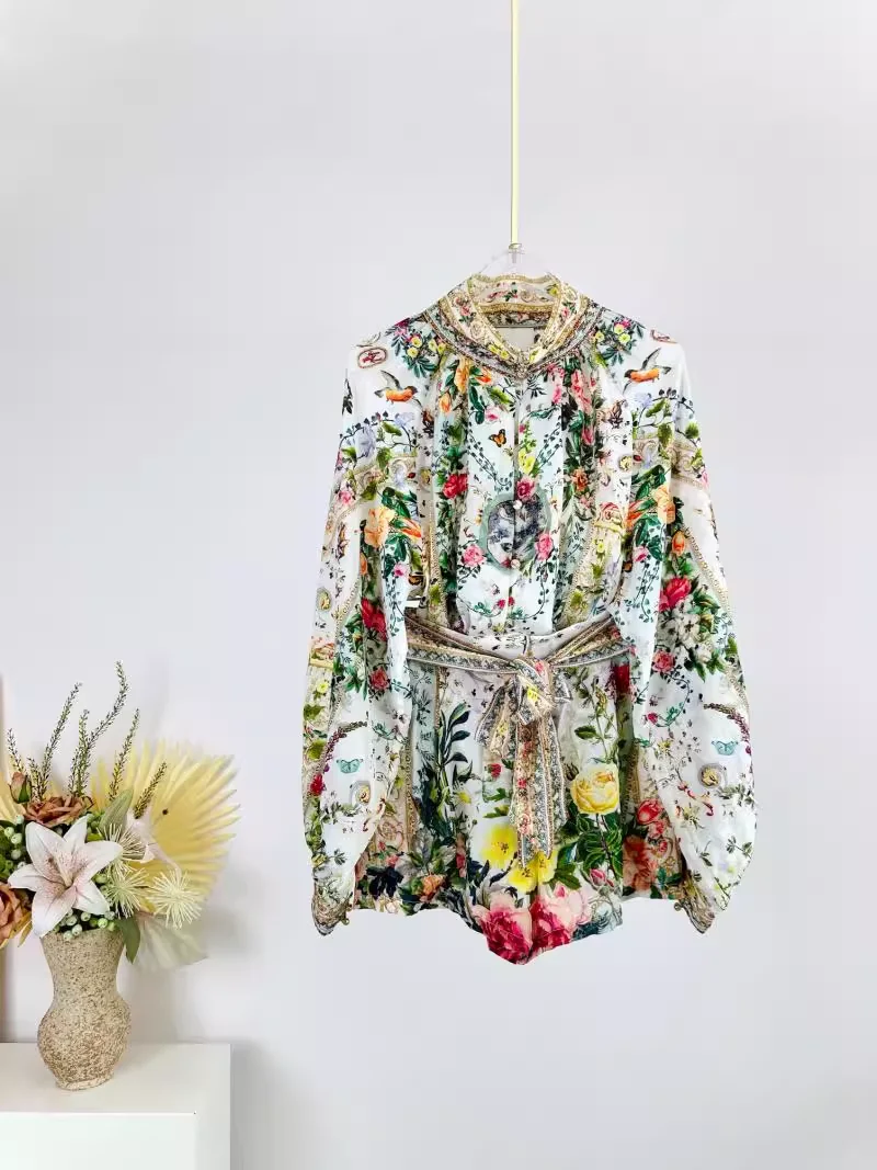 

Heavy Beaded Women Flower Print Silk Set Stand Collar Long Sleeve Single Breasted Shirt + Lace-up High Waist Shorts Suits