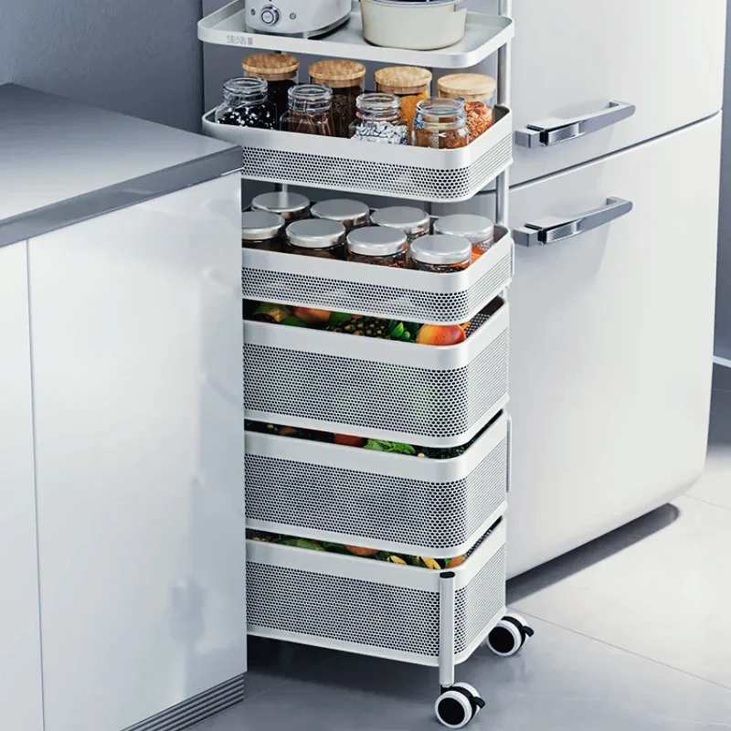 

kitchen seam storage rack floor standing rotating snack cart vegetable basket organizer multi functional use