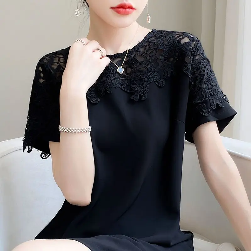 Lace Embroidered Silk Dress Spring Summer New Women\'s Temperament Fashionable Commuting Long Skirt Solid Color Versatile Dresses