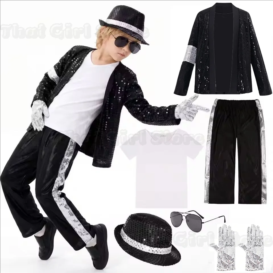 Disfraz de Michael Jackson Billie Jean para jóvenes, traje negro para baile, discoteca, Halloween, disfraz de rey del pop de los años 80, pantalones y top