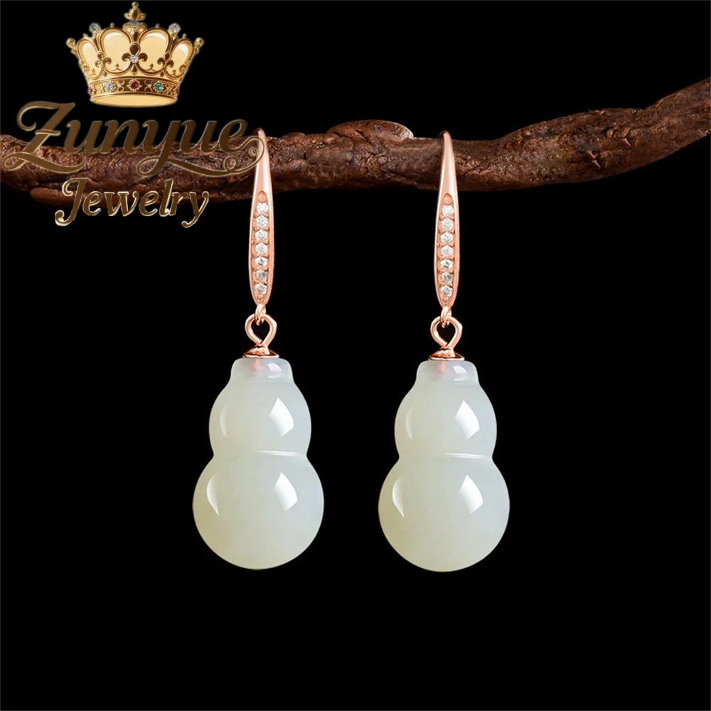 

Charms Genuine Old Material Natural Hetian Jade Gourd Jade Earrings S925 Silver Inlaid Chinese Style Personalized Earrings