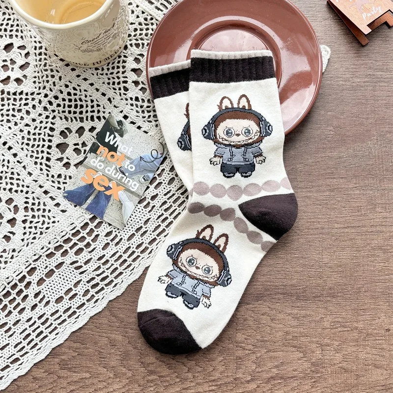 Cartoon Labubu socks autumn and winter new combed cotton mid-calf women's socks anime cartoon tide long men's socks