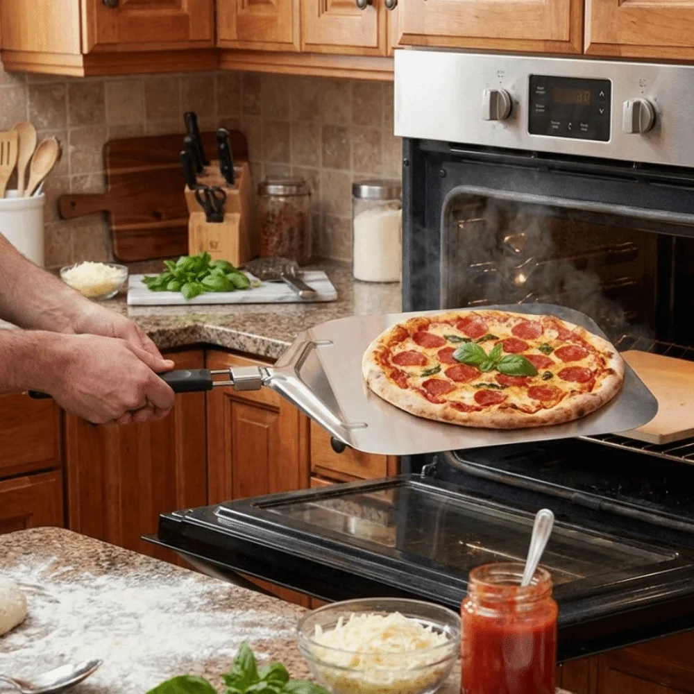 Metal Non-Stick Pizza Shovel Long Handle Easy Glide Cake Lifter Smooth Surface Locking Feature Pizza Turning Shovel