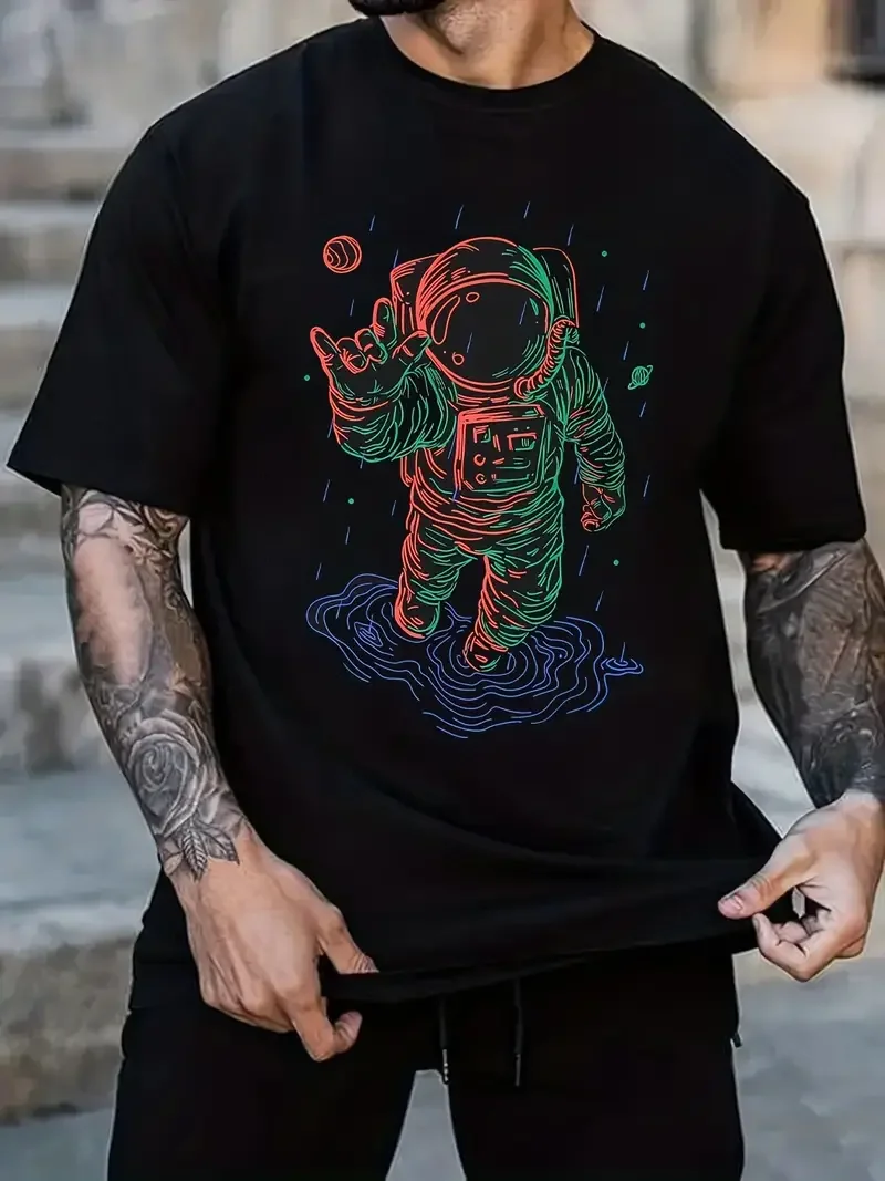 Cool Line Drawing Spaceman Pattern Men's Summer Crew Neck T-shirt, Trendy Men's Top Men's Slightly Stretch T-shirt,