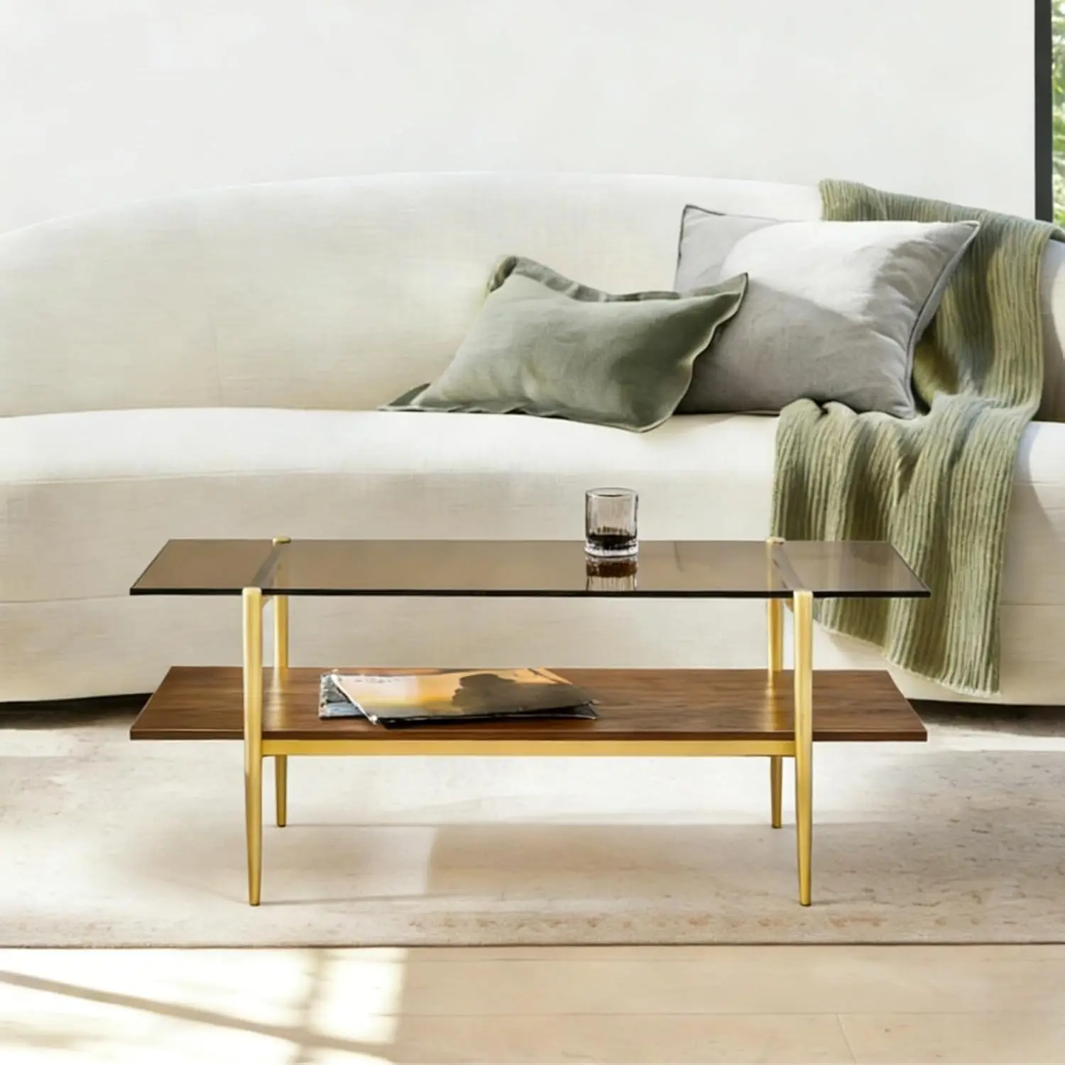 

Double Layer Glass Coffee Table For Living Room, Brown Glass & Coffee Brown Bottom Shelf |, Customized