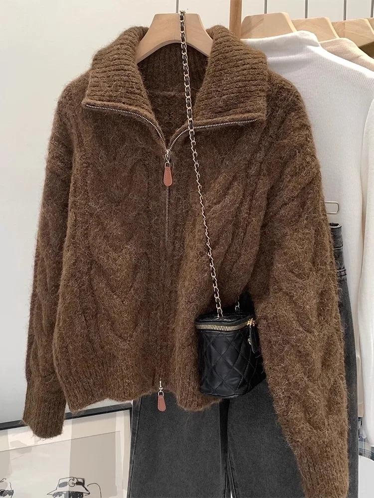 خريف شتاء جديد كسول نمط فضفاض محبوك المرأة سترة الرجعية الصلبة مزدوجة سستة بدوره إلى أسفل طوق سترة رشاقته فضفاض القمم