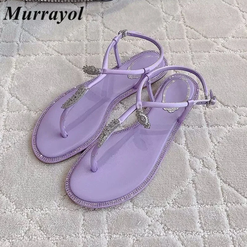 New Sandals Pinch Toe Satin Finish Solid Color Flat Vacation Shoes Summer Women's One Strap Rhinestone Metal Decor Sandalias
