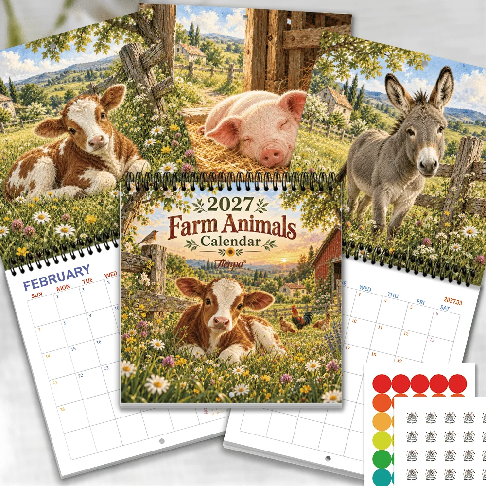 1pc, 2027 Wall Calendar, Country Farm Animal, 12 Month Planner for Home Office Decor, Christmas New Year Gift with Stickers