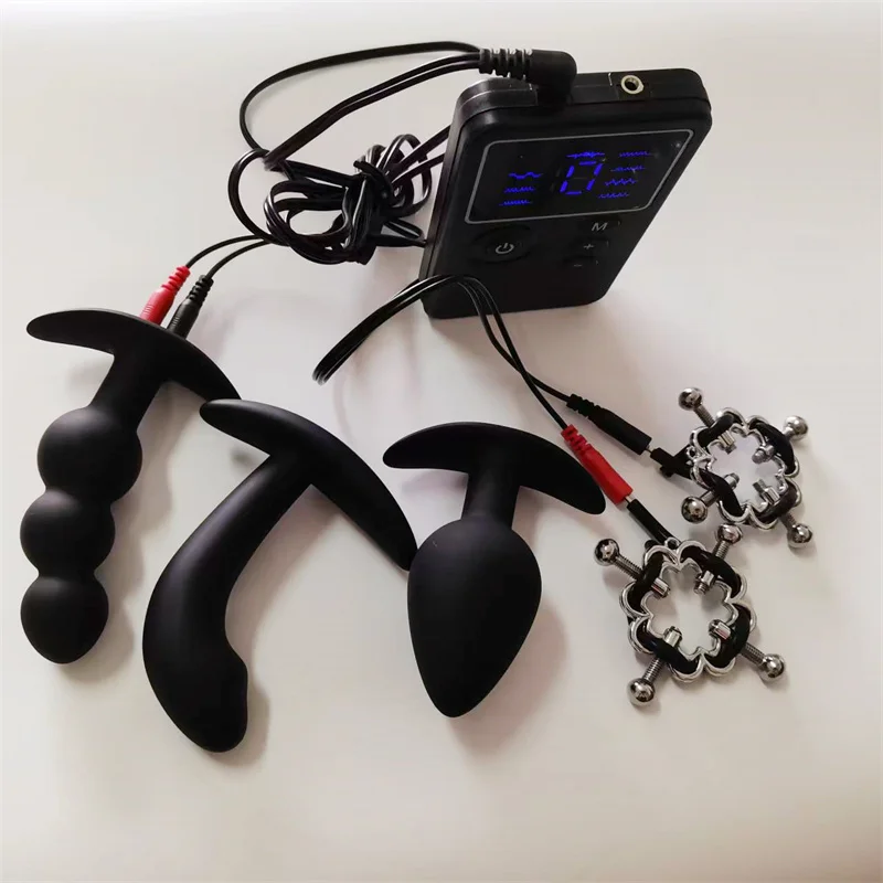 1 Set 8 Modes Electric Shock Metal Nipples Clips Breast Massage Silicone Anal Beads Butt Plug Sex Toys for Women Masturbation
