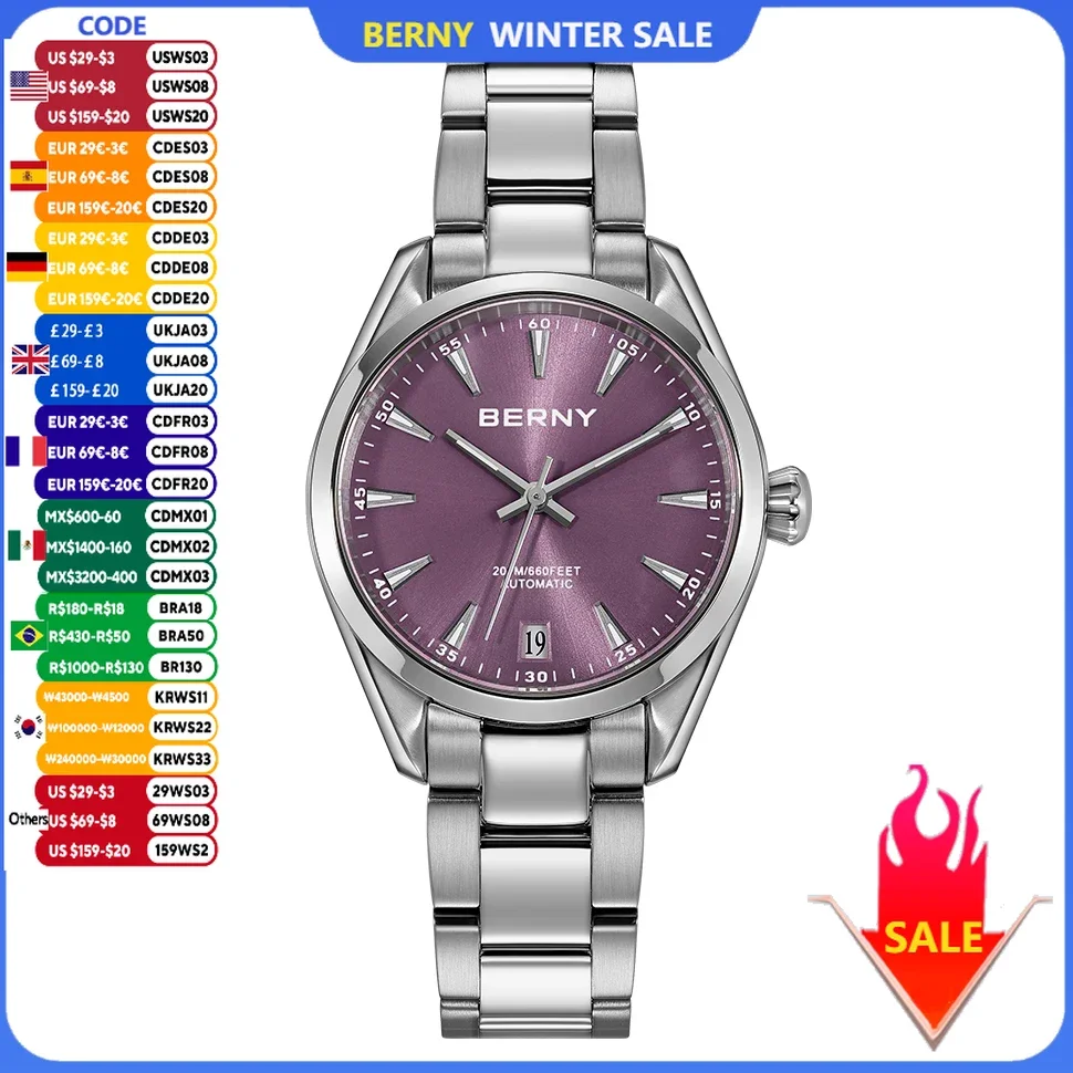 BERNY Automatic Women Watch PT5000 Sapphire Mechanical Elegant Women\'s Swim Watches 20ATM Full Stainless steel Swim Wristwatch