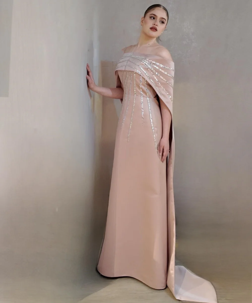 Customized Sparkle Charmeuse Sequined Pattern A-line Off-the-shoulder Long Dresses Bespoke Occasion Exquisite