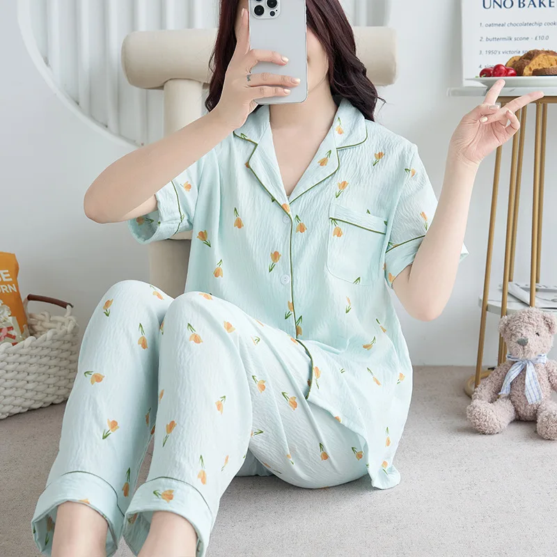 Summer Room Wear Women Pajamas Printed Sleep Lounge Short Sleeve Sleepwear Trousers Suit Cotton Ladies Nightwear Home Clothes