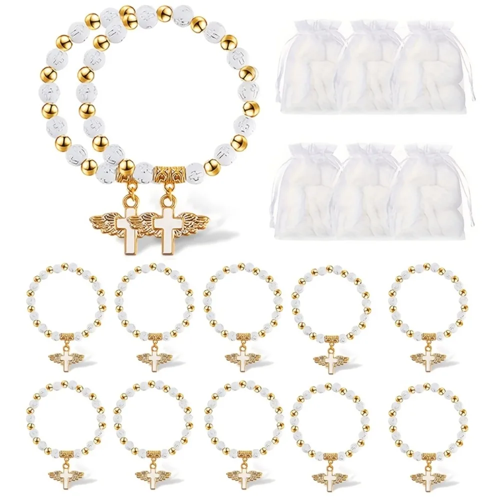 20pcs/10Sets Baptism Bracelet Favors Bulk, Angel Wing Cross Beaded Bracelets with Organza Bags for Guests