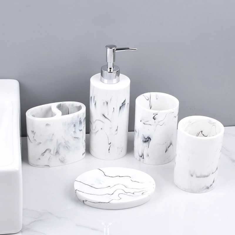 

Nordic style marble patterned bathroom supplies light luxury five piece set resin toiletries set bathroom set ornaments