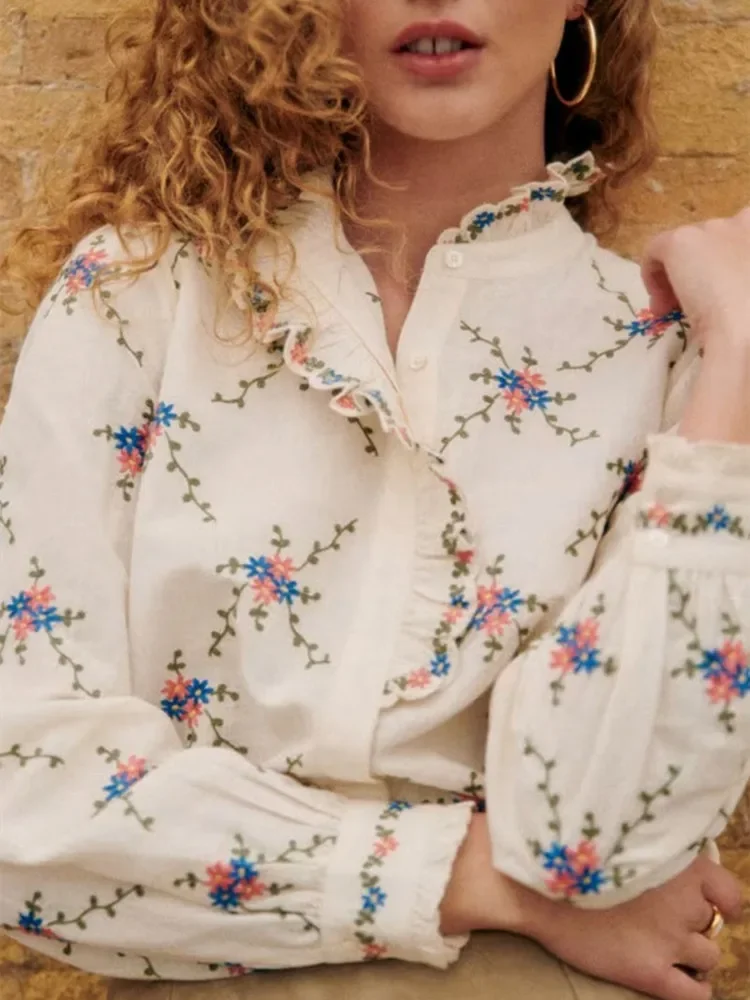 2024 Luxury French S Women Stand Collar Shirt Floral Embroidery Cotton Linen Top Female Single Breasted Puff Long Sleeve Blouse