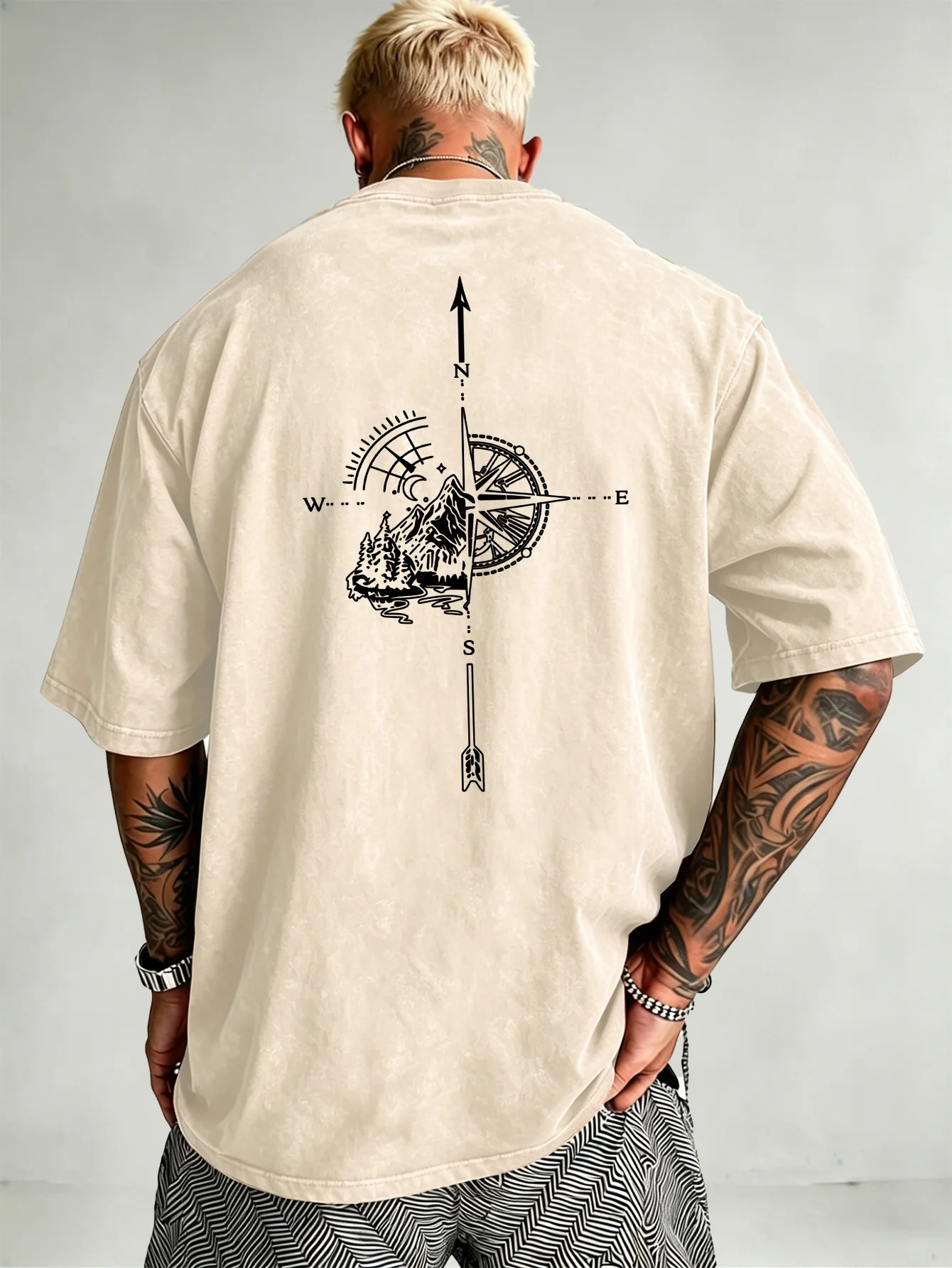 Men's Heavyweight Mountain Compass T-shirt Vintage Acid Wash Streetwear Breathable Cotton Gym Daily Commute Short Sleeve S-3XL