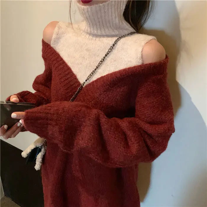 Autumn and Winter Korean Version Sexy Off Shoulder Fake Two Piece Top High Neck Medium Long Sleeve Sweater for Women