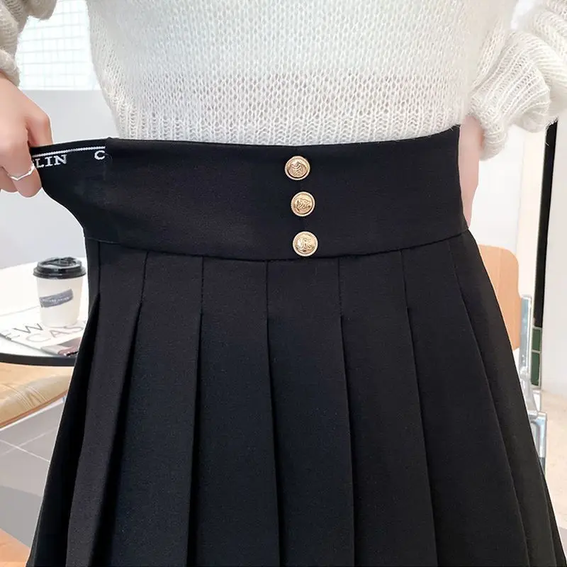 Fashion Elastic Button Solid Color Sweet Pleated Skirts Female Clothing 2024 Autumn New Loose High Waist Preppy Style Skirts