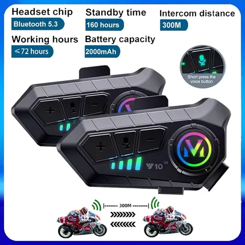 1/2 Uds Y10 2x Bluetooth intercomunicador para casco de motocicleta 300M Intercomunicador inalámbrico 2000Mah Moto Walkie Talkie con micrófono suave y duro