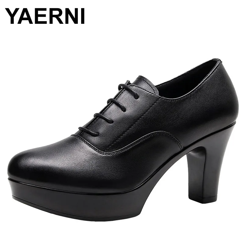 

Women Pumps Shoes PU Leather Elegant Pointed Toe Lace-Up Thick High Heels Shallow Solid Casual Plus Size 43 Female Shoe