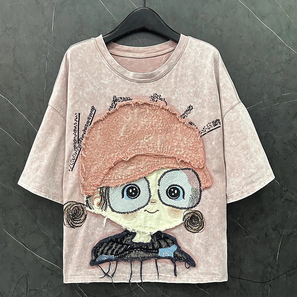 

Plus Size 2025 Spring/Summer Heavy Industry New Cartoon Design Glasses Little Girl Short Sleeve T-shirt Women Loose Casual Top