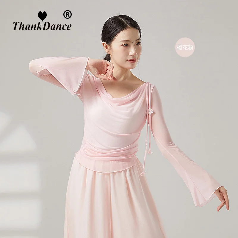 المرأة الكلاسيكية الرقص قميص الملابس الصينية الرجعية مشبك القديمة قافية الشاش شفافة طويلة الأكمام بلايز ملابس رقص الشعبية