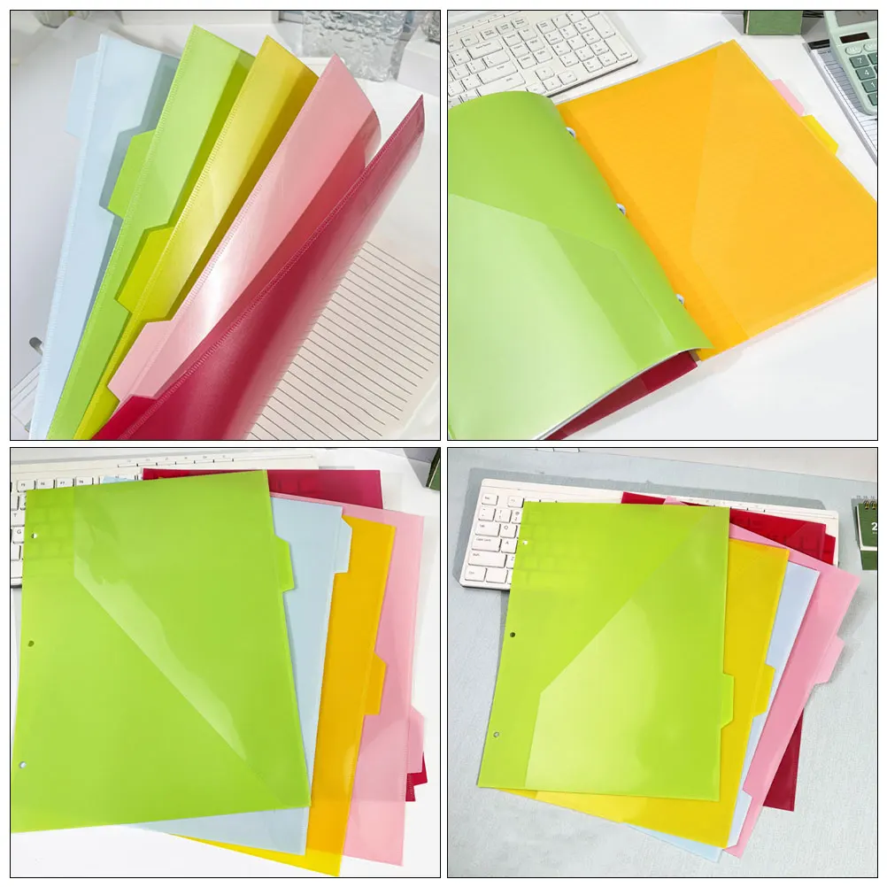5pcs Plastic Binder Tabs Clear A4 Size Folder With Pockets Three-Hole Index Pages Binder Dividers With Tabs Pockets Pastel