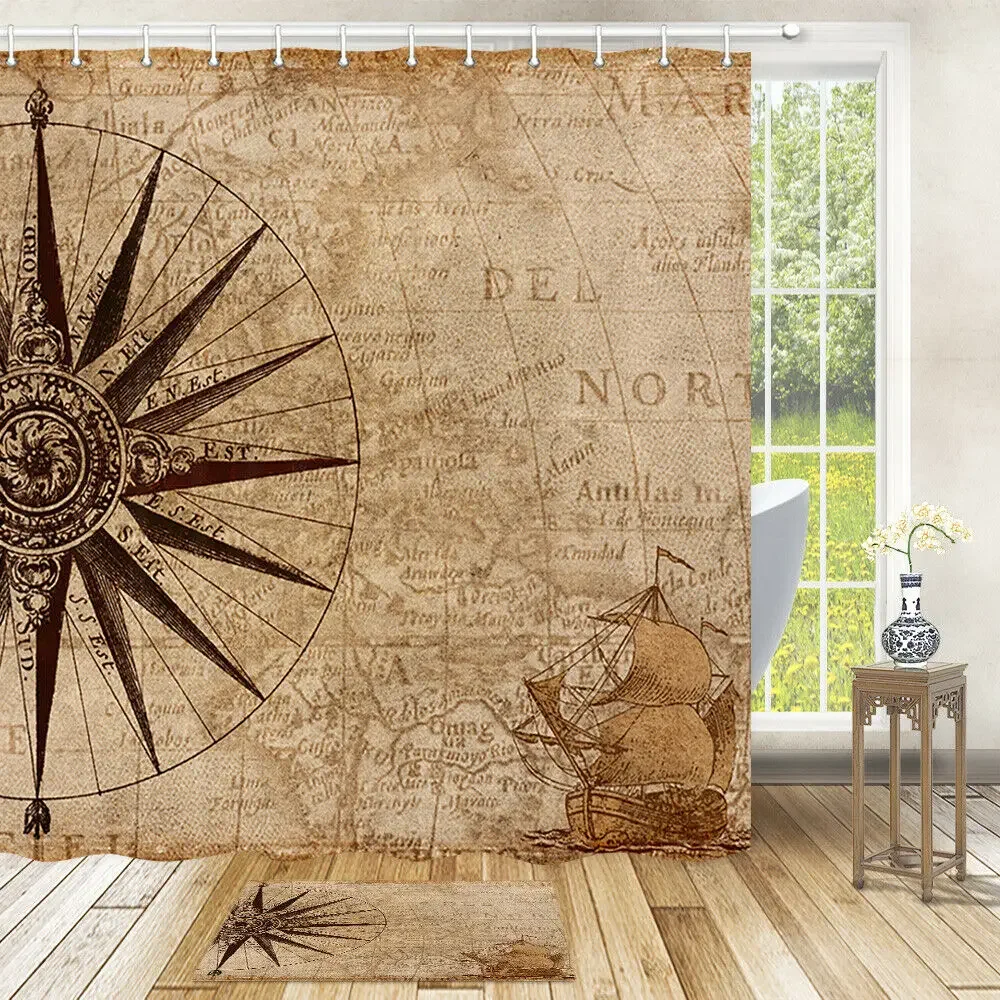 Retro Compass Old Shabby Map Bath Fabric Shower Curtain