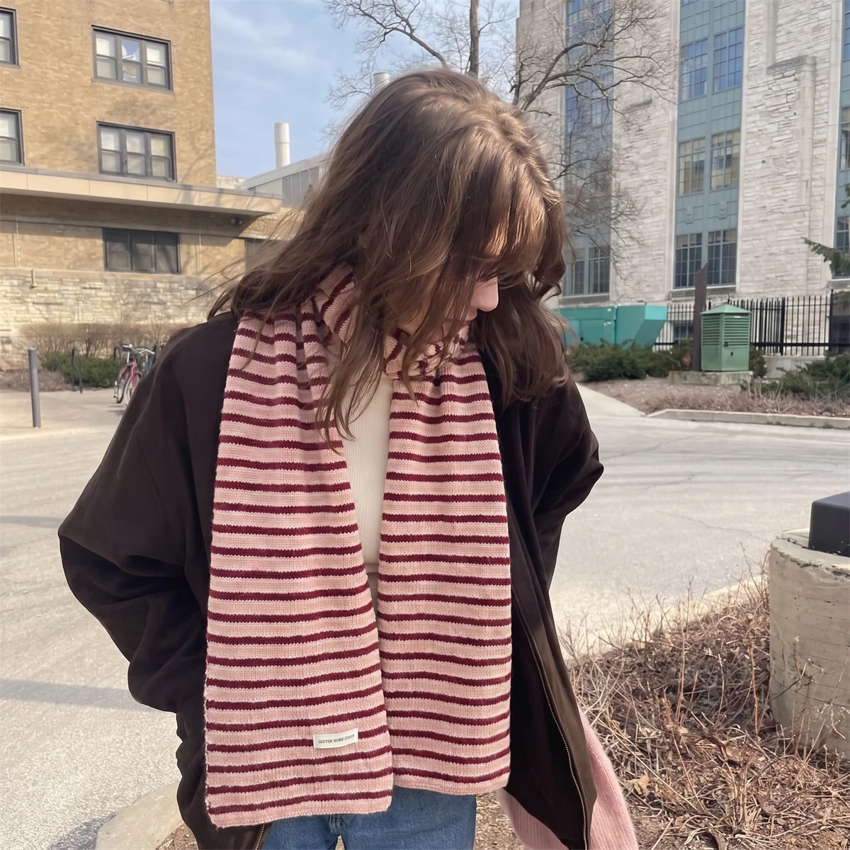 Women Stripe Knit Scarf Soft Warm Retro Neck Wrap Preppy Style Winter Daily Outdoor Neckwear Matching Fashion Accessory for Lady
