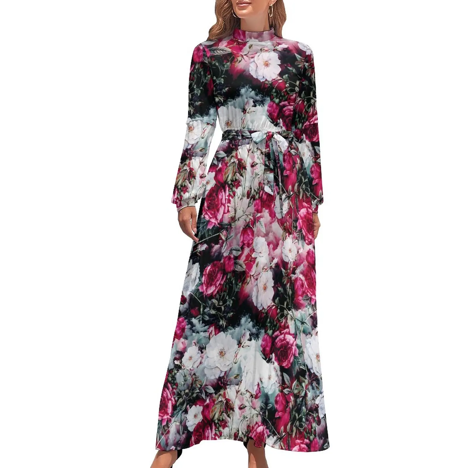 Rose Floral Dress High Waist Pink And White Design Bohemia Dresses Long-Sleeve Street Wear Long Maxi Dress Kawaii Vestido