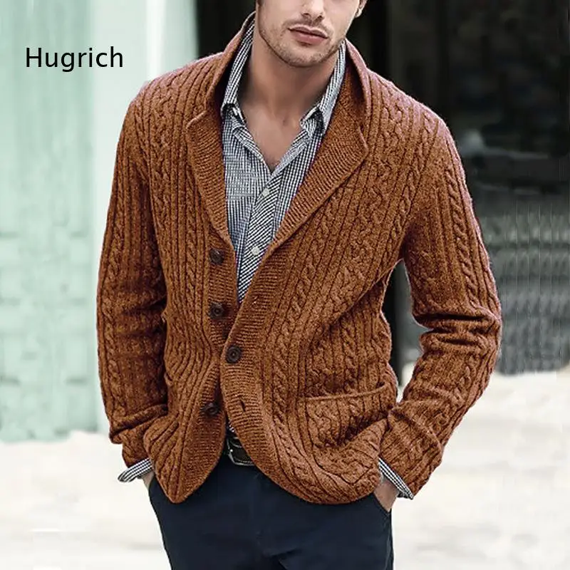 Men Shawl Lapel Collar Cable Knit Cardigan Single Breasted Button Front With Pockets Long Sleeve Casual Knit Blazer Outerwear