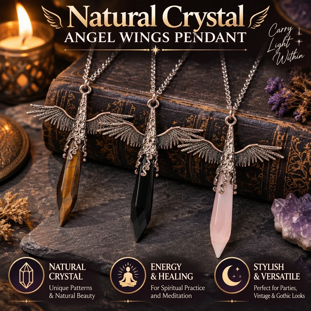 Natural Crystal Hexagonal Column Faceted Angel Wings Pendant Antique Bronze Finish Charm for Necklace Jewelry Daily Wear Gift