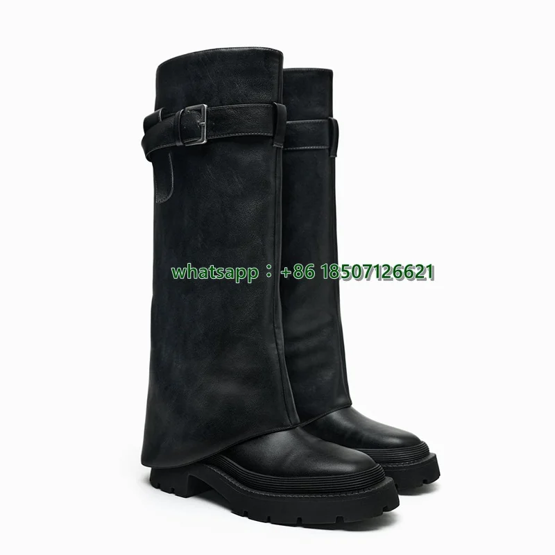 Black Round Toe Buckle Thick Heel Boots All-Match Solid Color Hot Girl Belt Buckle Trouser Boots