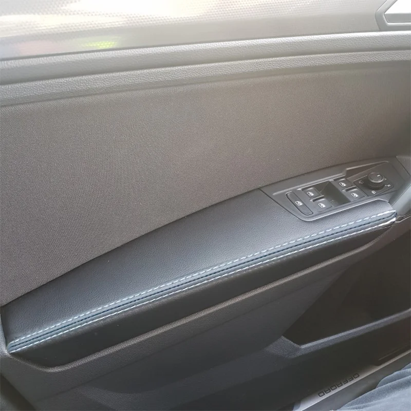 For VW Tiguan 2017 2018 2019 4pcs Black with white line Car Door Armrest Panel Microfiber Leather Cover Protective Trim