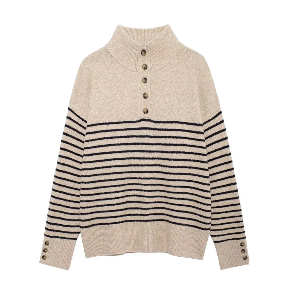 

ZARF2024 winter new women's loose fashion simple loose casual long-sleeved simple striped stand-up collar sweater