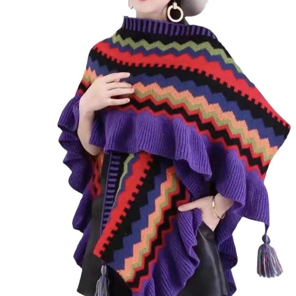 Poncho de estilo étnico para mujer, capa de punto colorida a rayas, chal con flecos, ropa de exterior Bohemia