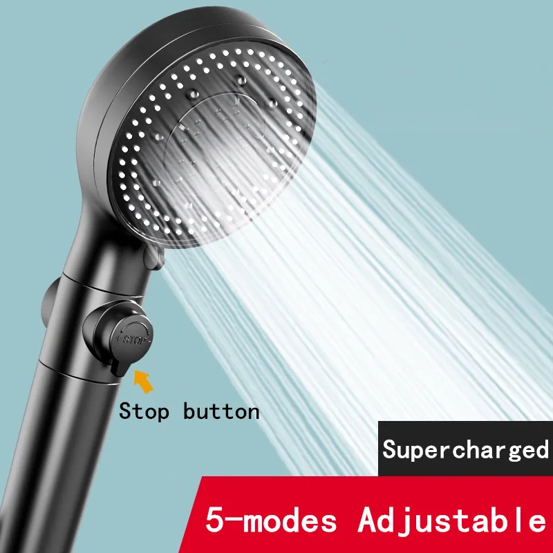 New high pressure black shower head 5 functions with switch on/off button spray Water Saving Shower Adjustable Bath showerheads