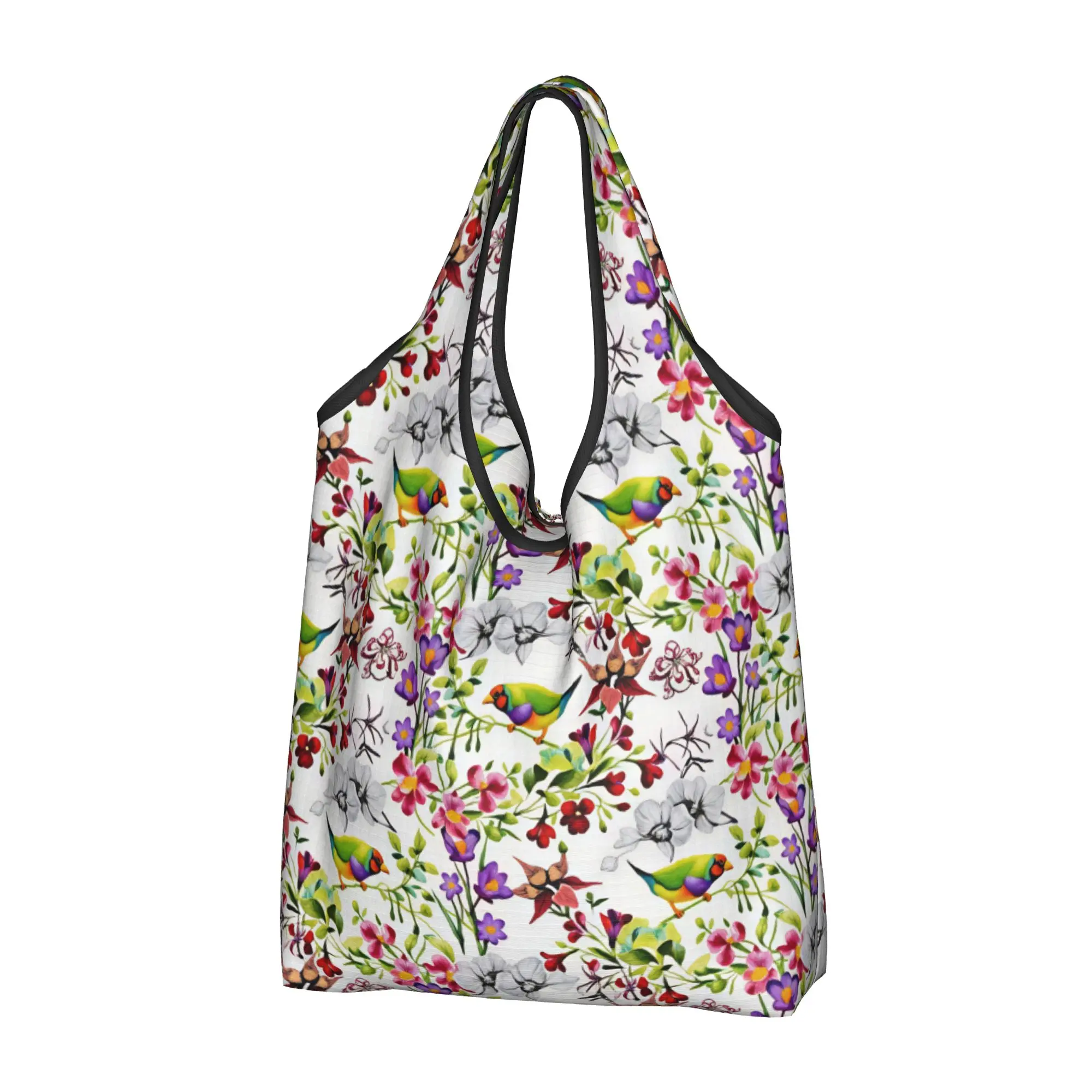 Kawaii Fashion Watercolor Birds And Plant Flowers Shopping Tote Bags Portable  Groceries Shoulder Shopper Bag