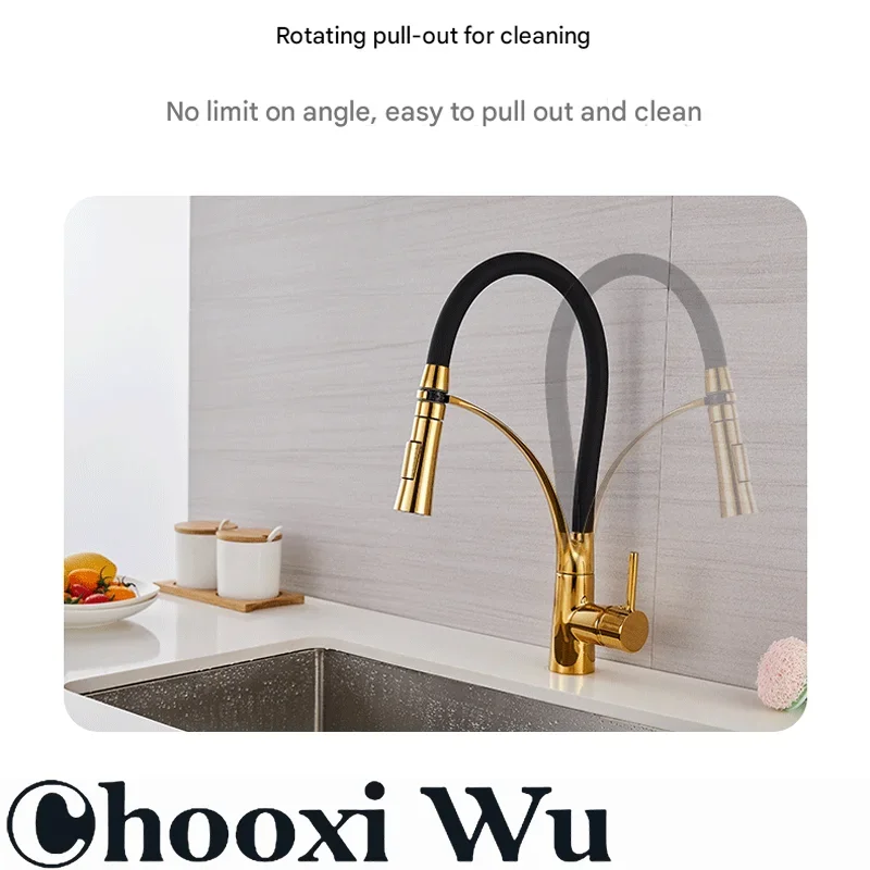 CHOOXIWU-Black Rubber Kitchen Faucet Mixer Tap Rotation Pull Down Stream Sprayer Taps Hot Cold Water Tap One Handle Kitchen Tap