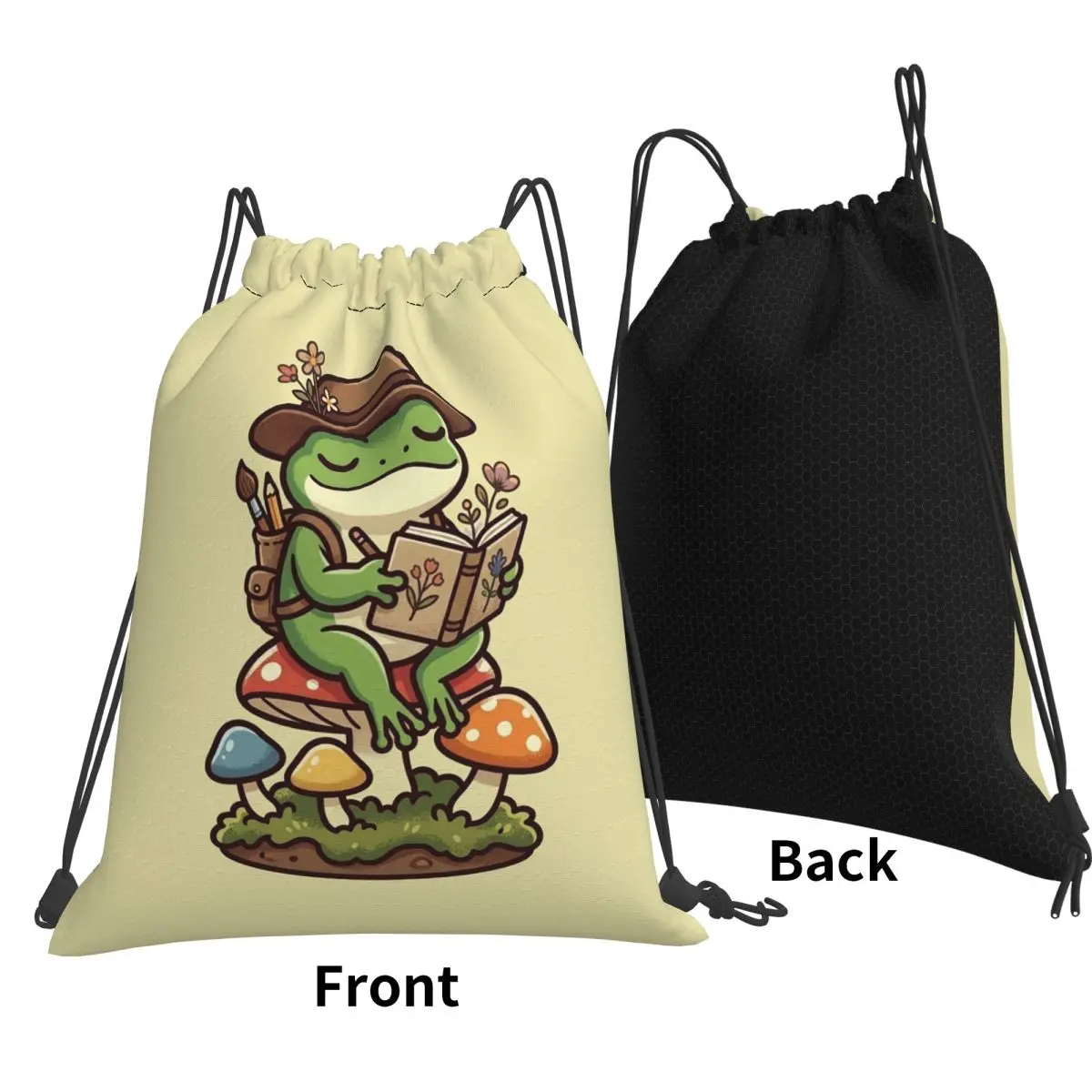 Whimsical Frog Artist Mushroom Backpacks Multi-function Drawstring Bundle Pocket Shoes Bag Book Bags for Man Woman School