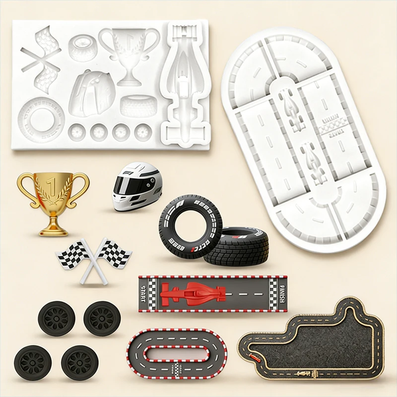 Racing trophies, flags, track silicone molds, car helmets, racing sports tracks, creative DIY handmade chocolate candy molds
