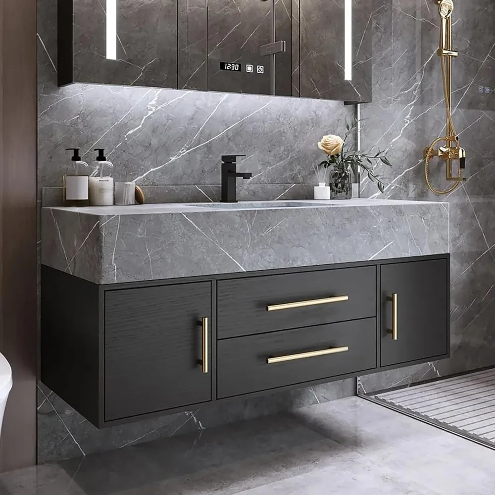 Bathroom Vanity Stone Top Wall Mounted, with Ceramic Sink, Ample Storage Space, Easy To Install, Bathroom Storage Cabinet, 39