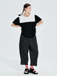 IMAKOKONI-pantalones de pierna ancha para mujer, pantalón holgado de lunares negros con cintura elástica y diseño original, 244676