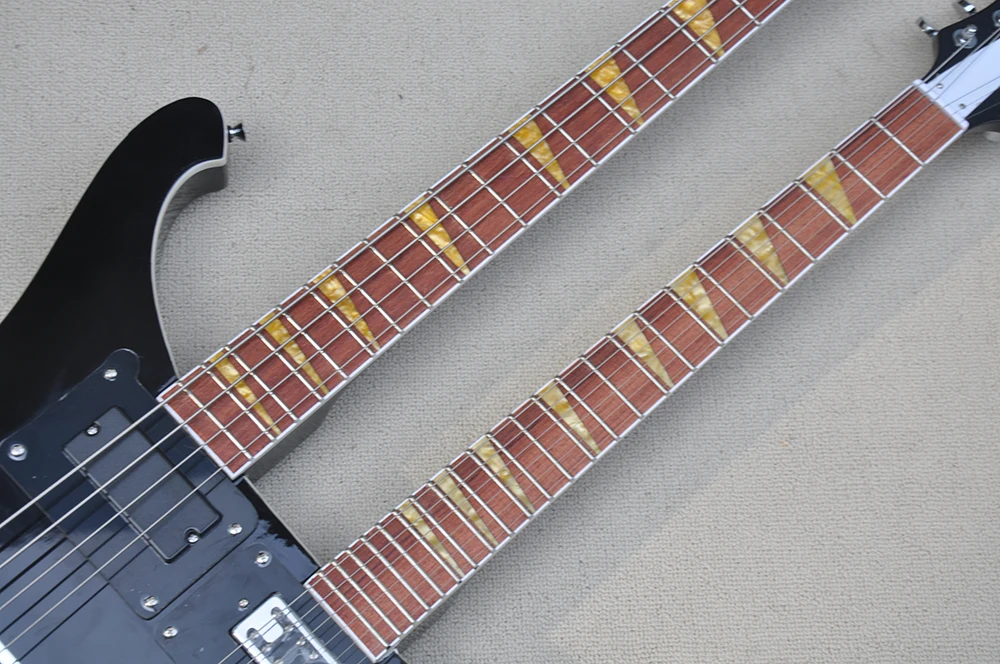 4+6 Strings Black Double Neck Electric Guitar with Black Pickguard,Yellow Pearled Inlay,Can be Customized