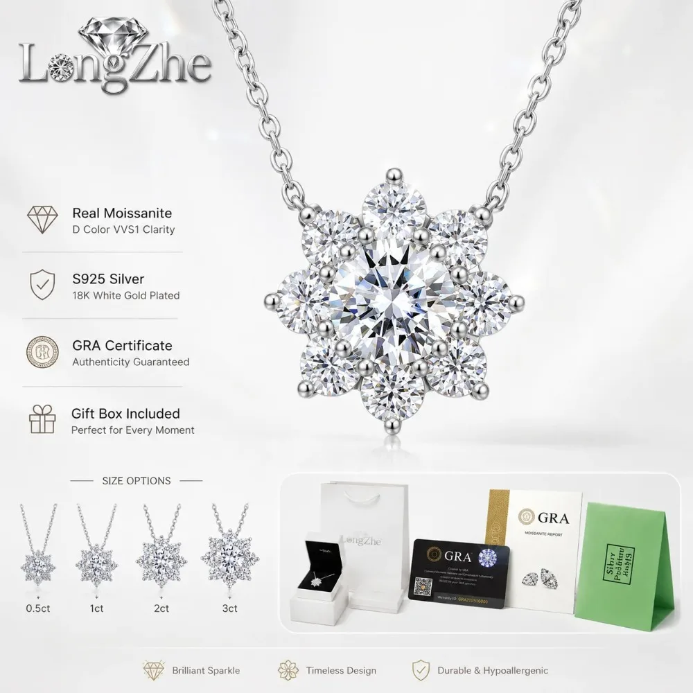 S925 Silver Moissanite Sunflower Necklace 0.5CT-3CT Round Cut 8 Stone Halo Pendant For Women Wedding Anniversary Gift Jewelry