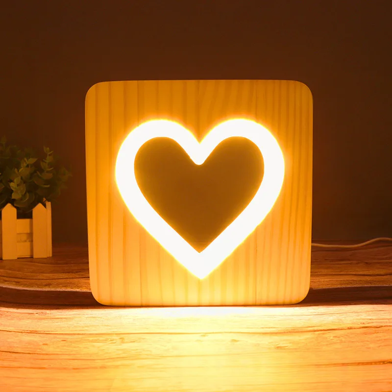 Kreative Massivholz 3D Hohl Nachtlicht Liebe Form Nachttischlampe Für Schlafzimmer Umgebungs Wohnkultur Warme Beleuchtung Geschenkidee