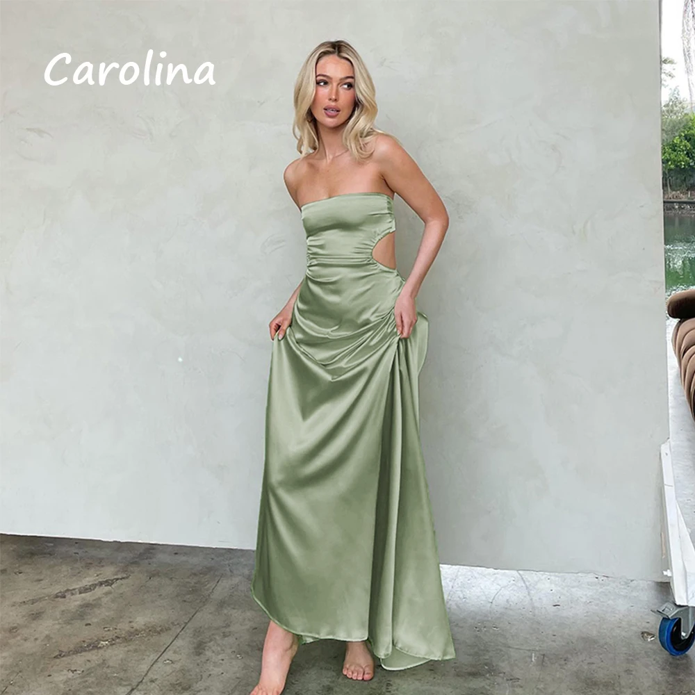 Carolina Sage Green Long Strapless Cut-Out Satin Homecoming Dresses 2024 Backless Lace Up Cocktail Gowns